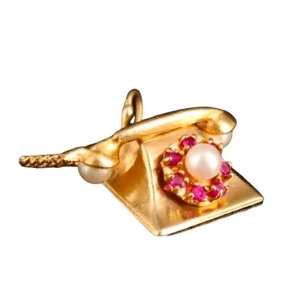 14K gold vintage telephone pendant with ruby and pearl
